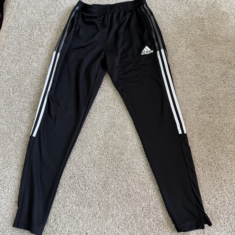 Adidas Track Pants Mens Medium Black Primegreen Elastic Waist Pockets Tapered